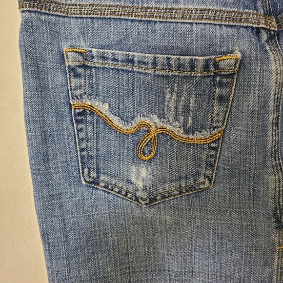 Lei Women's Blue Denim Skirt Distressed Pockets Embroidery Split in Back Y2K 7 - Picture 7 of 13